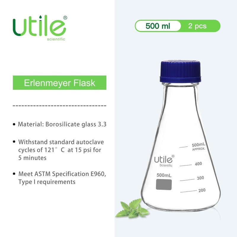 UTILE 2 Pcs 500ml Glass Erlenmeyer Flask with Blue Cap, Narrow Mouth Erlenmeyer Flasks, Borosilicate 3.3 Glass Conical Flask for Lab Experiment Chemistry Science,4016.0771.2 - Image 2